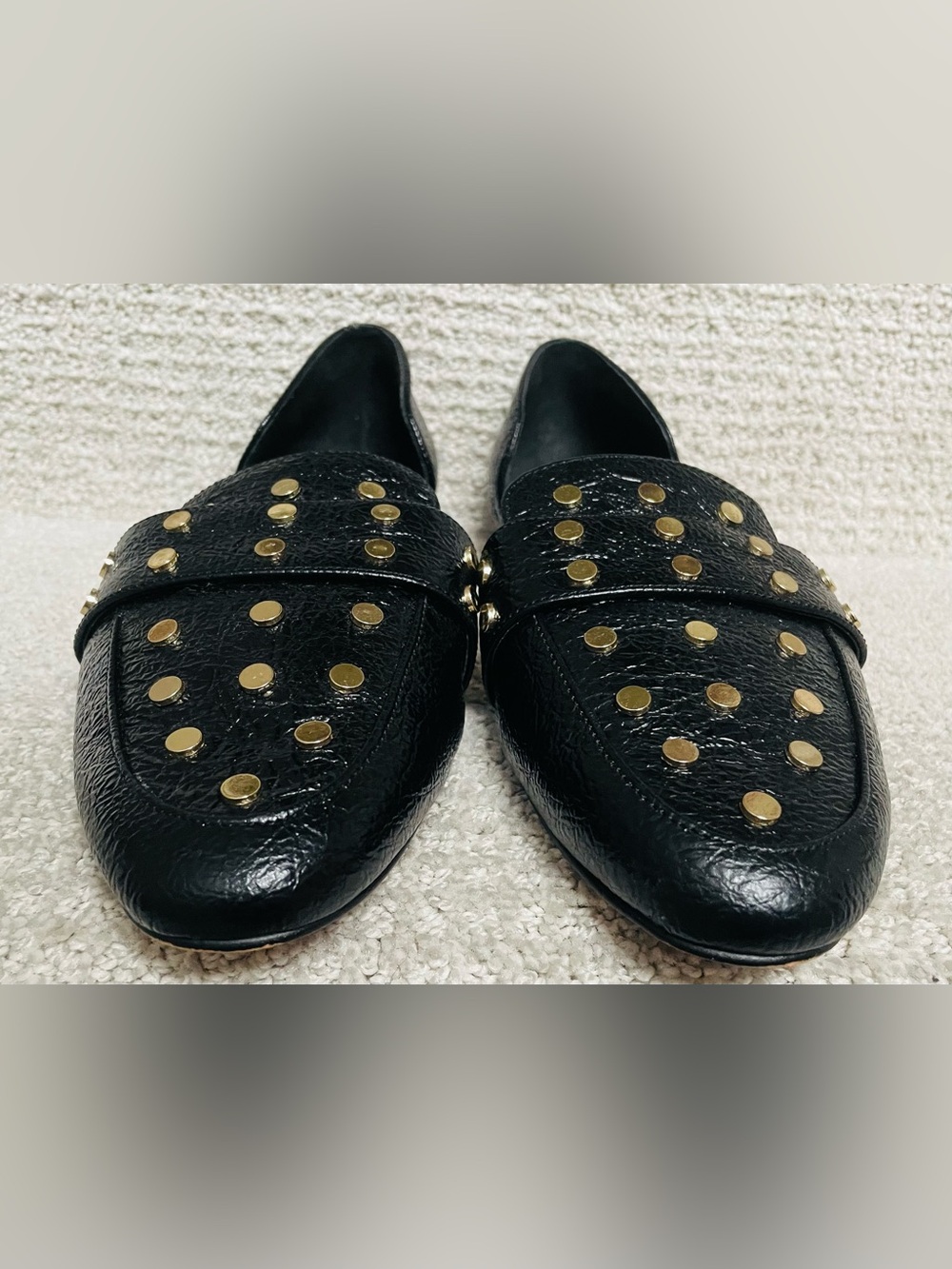 Vince Camuto Wenerly Gold Tone Studded Black Textured Leather Slip On Flat - Picture 3 of 7